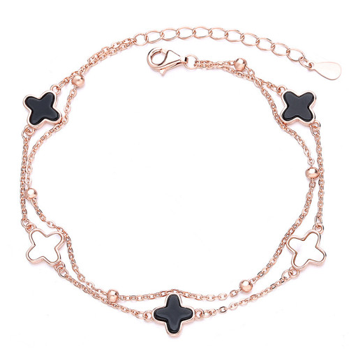 925純銀五花四葉草雙層手鏈女小衆ing輕奢白貝母黑瑪瑙閨蜜手飾品 925純銀五花四葉草雙層手鏈女小衆ing輕奢白貝母黑瑪瑙閨蜜手飾品