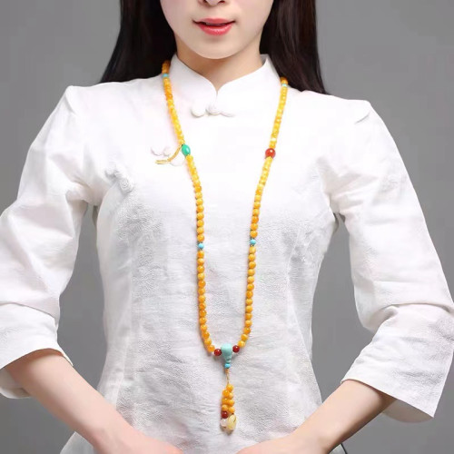 原創二代琥珀蜜蠟雞油黃108顆手鏈 多圈項鍊原礦老蜜蠟手串彿珠