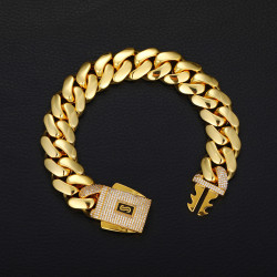 歐美嘻哈18K銅鑲鋯石光面古巴鏈男士潮流高級感手鏈飾品