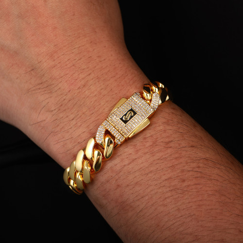 歐美嘻哈18K銅鑲鋯石光面古巴鏈男士潮流高級感手鏈飾品