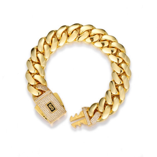 歐美嘻哈18K銅鑲鋯石光面古巴鏈男士潮流高級感手鏈飾品