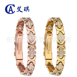 歐美爆款磁石手鏈時尚輕奢幸運草不鏽鋼手鏈鑲鑽單排磁石手鏈