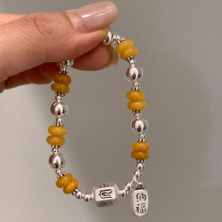 新中式蜜蠟招財手鏈女簡約國風設計復古簡約竹節知了銀珠手串