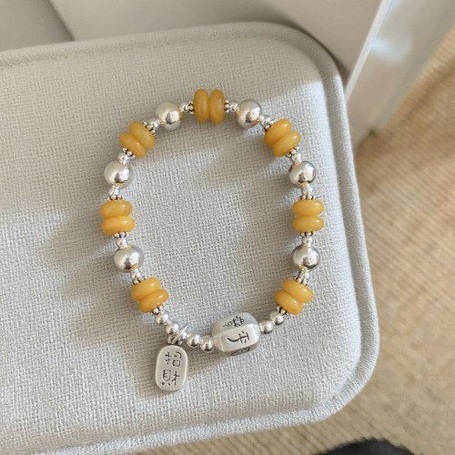 新中式蜜蠟招財手鏈女簡約國風設計復古簡約竹節知了銀珠手串