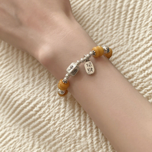 新中式蜜蠟招財手鏈女簡約國風設計復古簡約竹節知了銀珠手串