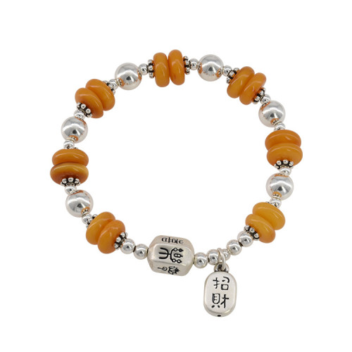 新中式蜜蠟招財手鏈女簡約國風設計復古簡約竹節知了銀珠手串