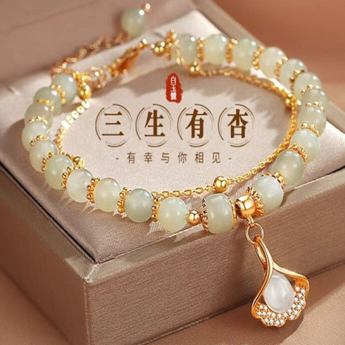 925銀鑲鋯石金枝玉葉手鏈和田玉小衆手串珠手飾女式鍍黃金色