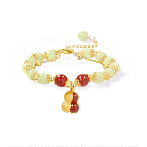 925銀鑲鋯石金枝玉葉手鏈和田玉小衆手串珠手飾女式鍍黃金色