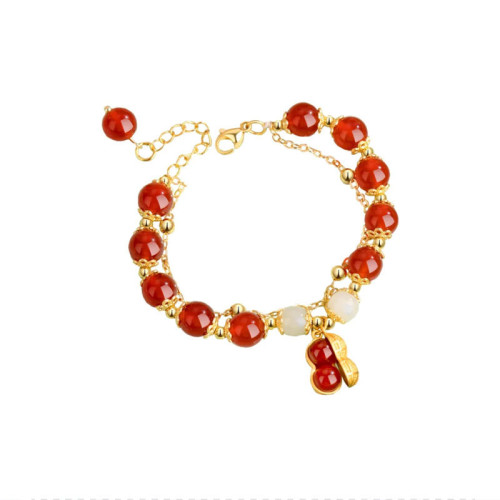 925銀鑲鋯石金枝玉葉手鏈和田玉小衆手串珠手飾女式鍍黃金色