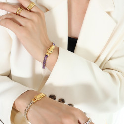 歐美輕奢七種彩鋯石雙面吸鐵釦設計吸合手鏈鈦鋼鍍金四角釦手飾品