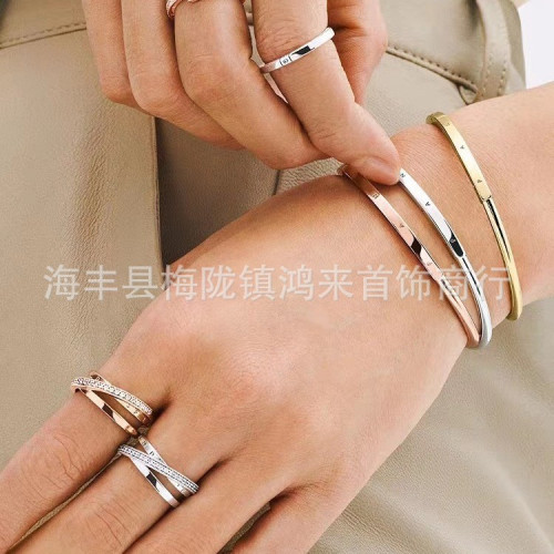 潘家白銅鍍銀玫瑰金色新款經典系列ID新品手鐲手鏈黃金色開口手鐲