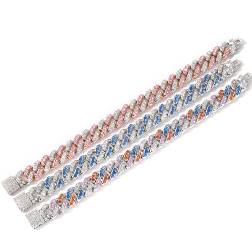 嘻哈歐美嘻哈手鏈 12mm微鑲粉白鋯石古巴鏈手鏈 hiphop嘻哈配飾