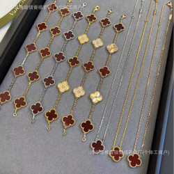 爆款幸運草紅玉髓項鍊女厚鍍18K金天然紅瑪瑙花朵輕奢手鏈