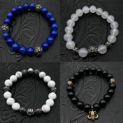 潮款飾品泰銀復古黑曜石青金石手串霸氣男女士手飾10mm經典款串珠