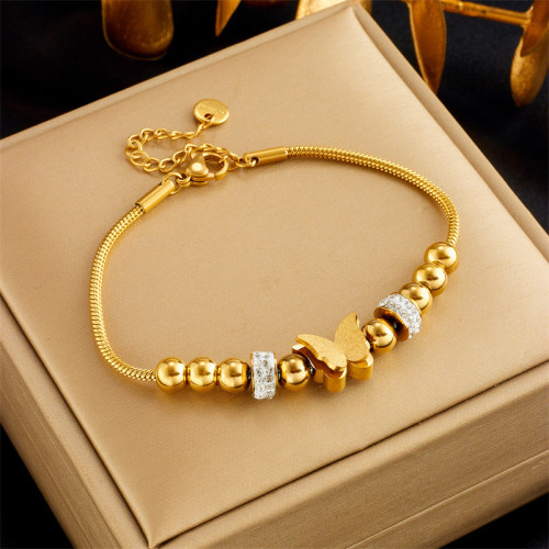 歐美時尚輕奢簡約設計感高級鍍金壓砂鈦鋼圓珠愛心蝴蝶掛件手鏈