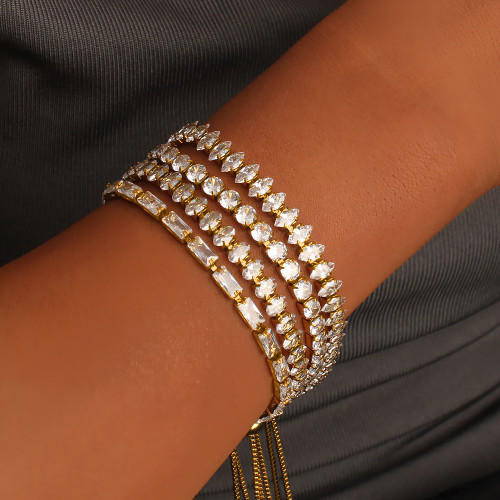 粵飾 輕奢滿鑽自由調節幾何形鋯石手鏈鈦鋼18K金華麗質感曡戴手環