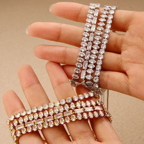 粵飾 輕奢滿鑽自由調節幾何形鋯石手鏈鈦鋼18K金華麗質感曡戴手環