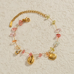 歐美ins風18K金不鏽鋼彩色碎石貝殼手鏈小衆設計波西米亞手飾