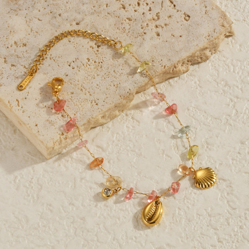 歐美ins風18K金不鏽鋼彩色碎石貝殼手鏈小衆設計波西米亞手飾