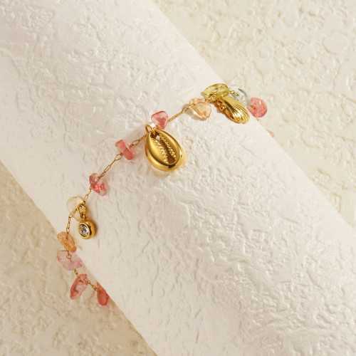 歐美ins風18K金不鏽鋼彩色碎石貝殼手鏈小衆設計波西米亞手飾