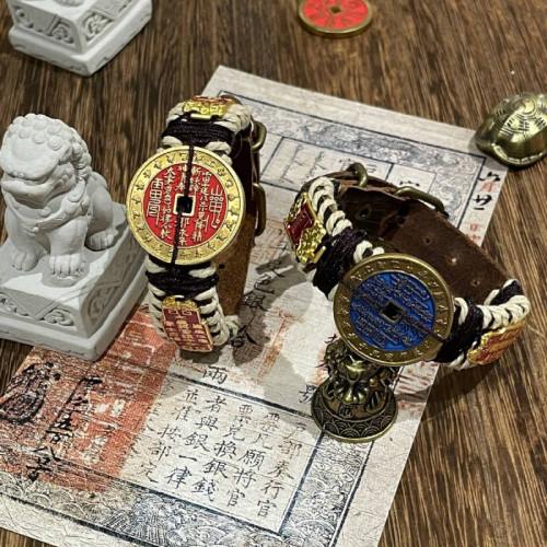 悅然道系山鬼花錢頭層牛皮手鏈手環太嵗令男女同款本命年原創設計