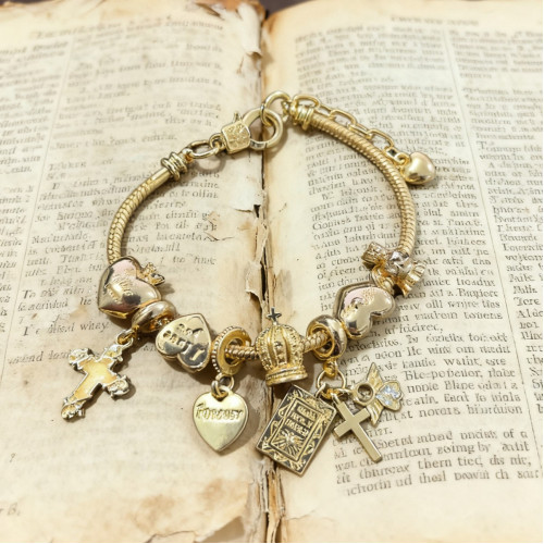 爆款潘家手鏈金色夜光十字架聖經愛心天使皇冠可拆調節首飾品