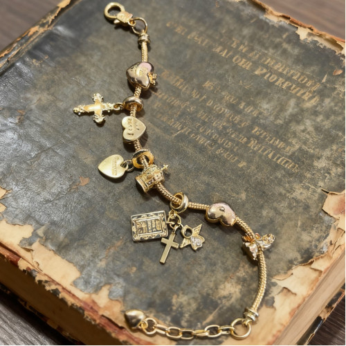 爆款潘家手鏈金色夜光十字架聖經愛心天使皇冠可拆調節首飾品