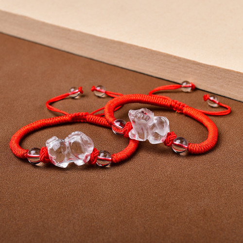 天然白水晶雕刻立體十二生肖手鏈男女情侶款白水晶手串紅繩