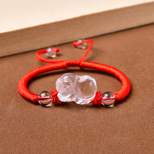 天然白水晶雕刻立體十二生肖手鏈男女情侶款白水晶手串紅繩