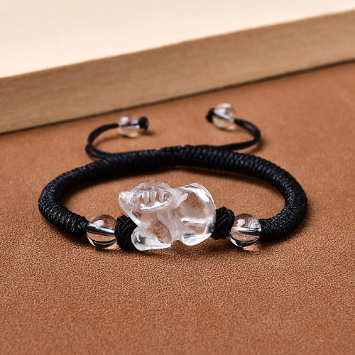 天然白水晶雕刻立體十二生肖手鏈男女情侶款白水晶手串紅繩