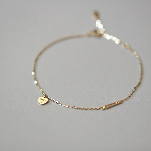 S925純銀鍍14K金細手鏈女款 氣質百搭簡約英文愛心別針迷你手飾品 S925純銀鍍14K金細手鏈女款 氣質百搭簡約英文愛心別針迷你手飾品