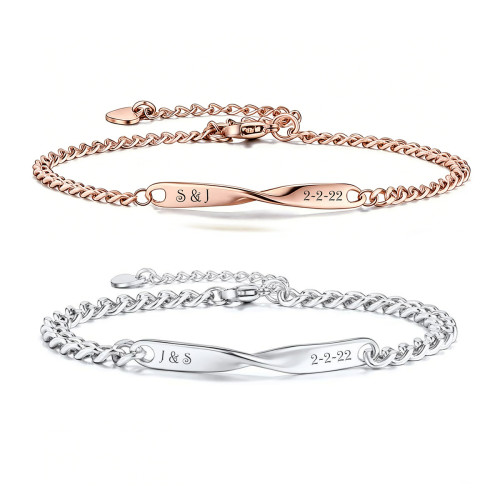 莫比烏斯情侶手鏈鋼牌個性刻字鏈條可調節手鏈金色鋼牌刻字手鏈