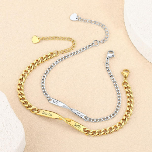 莫比烏斯情侶手鏈鋼牌個性刻字鏈條可調節手鏈金色鋼牌刻字手鏈