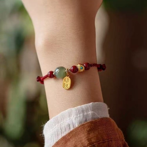 馬年本命年手鏈編織手繩硃砂和田玉手工紅繩福牌手串男女高檔禮物