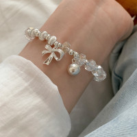 韓版S925純銀天然水晶蝴蝶結小球手鏈女簡約手工設計甜美氣質手環
