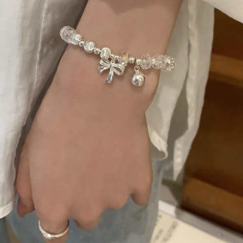 韓版S925純銀天然水晶蝴蝶結小球手鏈女簡約手工設計甜美氣質手環