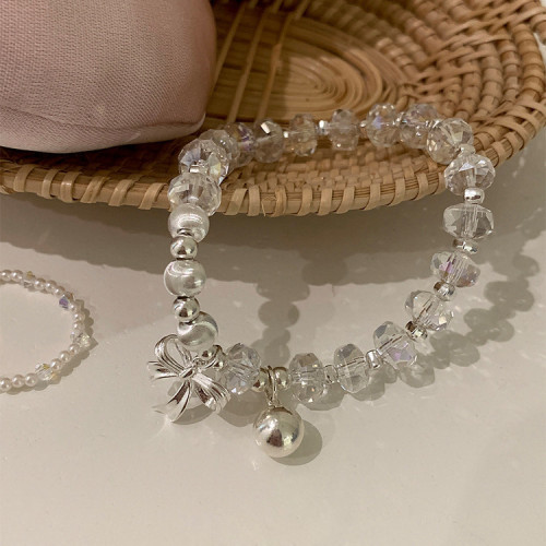 韓版S925純銀天然水晶蝴蝶結小球手鏈女簡約手工設計甜美氣質手環