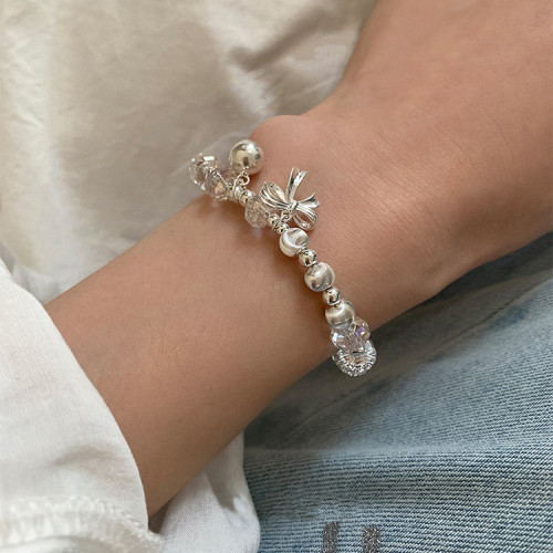 韓版S925純銀天然水晶蝴蝶結小球手鏈女簡約手工設計甜美氣質手環