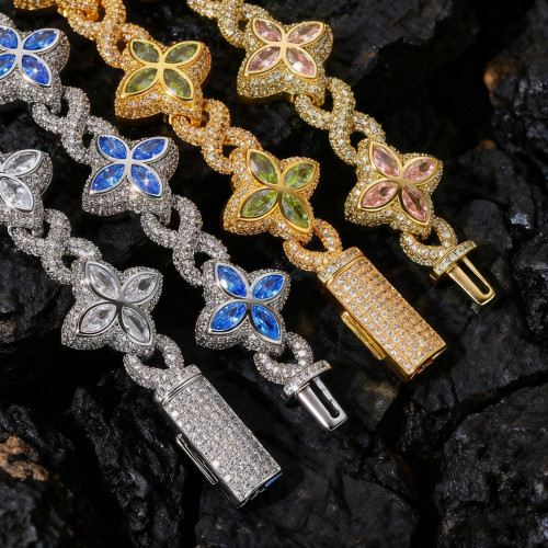 歐美鋯石鏈條手鏈項鍊男女通用嘻哈中古風繙蓋釦輕奢高級感