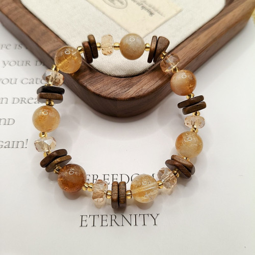 原創天然黃塔晶黃水晶手鏈小衆設計復古檀木手鏈高級感水晶手飾女