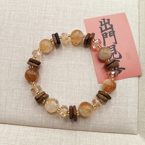 原創天然黃塔晶黃水晶手鏈小衆設計復古檀木手鏈高級感水晶手飾女