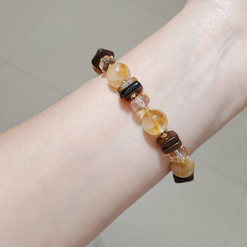 原創天然黃塔晶黃水晶手鏈小衆設計復古檀木手鏈高級感水晶手飾女