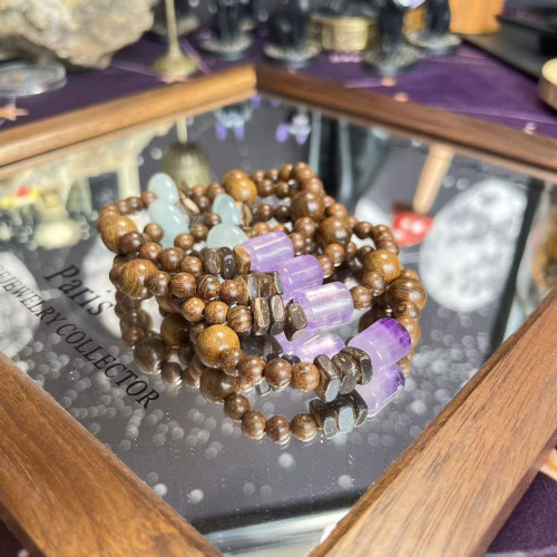 【陽光雨露】天然紫兔毛桶珠手串海藍寶平安釦金絲檀木復古簡約