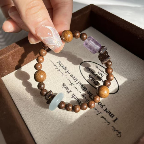 【陽光雨露】天然紫兔毛桶珠手串海藍寶平安釦金絲檀木復古簡約