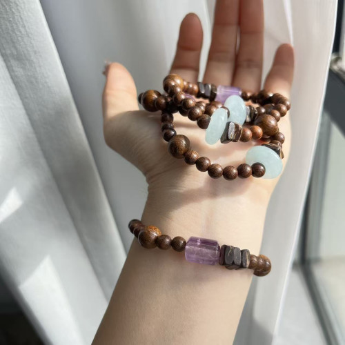 【陽光雨露】天然紫兔毛桶珠手串海藍寶平安釦金絲檀木復古簡約