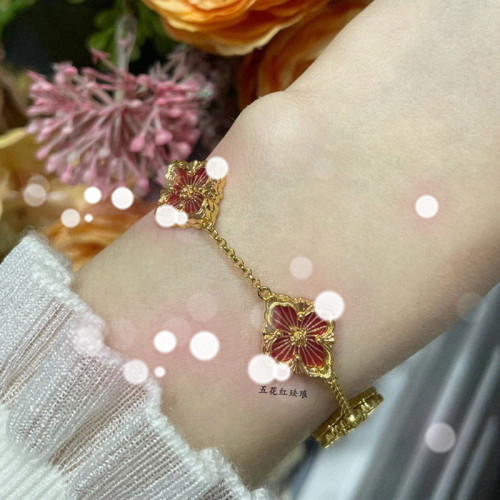 高版V金 布契四葉 草天河石手鏈鍍18K玫瑰金拉提歌劇院琺瑯白貝母