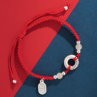 足銀999招財納福平安釦手鏈紅繩情侶手繩編織繩手飾繩子國風男女
