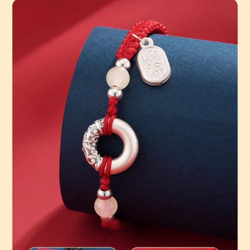 足銀999招財納福平安釦手鏈紅繩情侶手繩編織繩手飾繩子國風男女