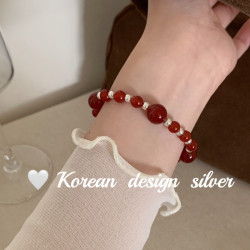 2026年新中式手工飾品S925純銀紅瑪瑙珠珠彈力繩手鏈小衆高級感