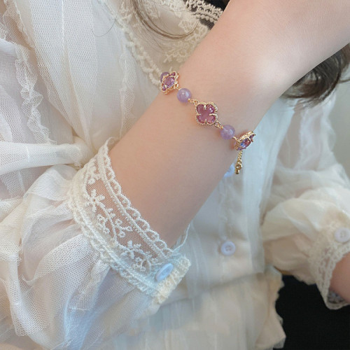天然紫水晶月光石手鏈女四葉草女夏生ins小衆設計輕奢閨蜜